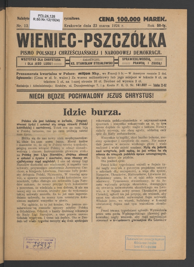 Wieniec-Pszcz&oacute;łka&nbsp;: pismo polskiej chrześcijańskiej i&nbsp;narodowej demokracji. Rok&nbsp;50, 1924, numer&nbsp;12