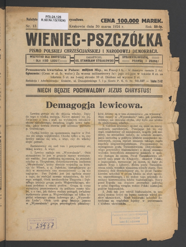 Wieniec-Pszcz&oacute;łka&nbsp;: pismo polskiej chrześcijańskiej i&nbsp;narodowej demokracji. Rok&nbsp;50, 1924, numer&nbsp;13