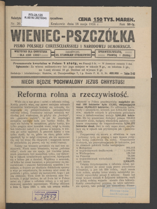 Wieniec-Pszcz&oacute;łka&nbsp;: pismo polskiej chrześcijańskiej i&nbsp;narodowej demokracji. Rok&nbsp;50, 1924, numer&nbsp;20