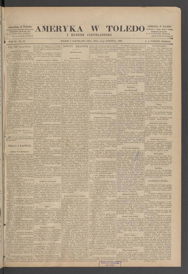 Ameryka w&nbsp;Toledo i&nbsp;Kuryer Clevelandski. Tom&nbsp;6, 1892, numer&nbsp;69