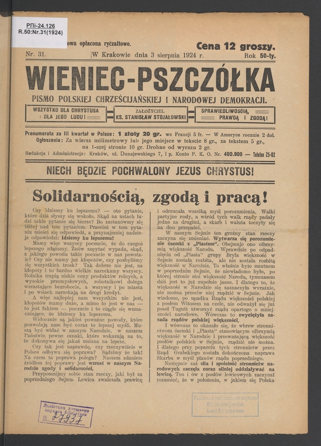 Wieniec-Pszcz&oacute;łka&nbsp;: pismo polskiej chrześcijańskiej i&nbsp;narodowej demokracji. Rok&nbsp;50, 1924, numer&nbsp;31