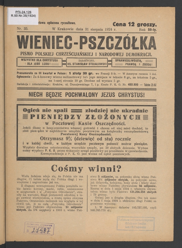 Wieniec-Pszcz&oacute;łka&nbsp;: pismo polskiej chrześcijańskiej i&nbsp;narodowej demokracji. Rok&nbsp;50, 1924, numer&nbsp;35
