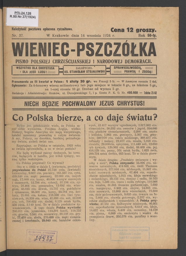 Wieniec-Pszcz&oacute;łka&nbsp;: pismo polskiej chrześcijańskiej i&nbsp;narodowej demokracji. Rok&nbsp;50, 1924, numer&nbsp;37