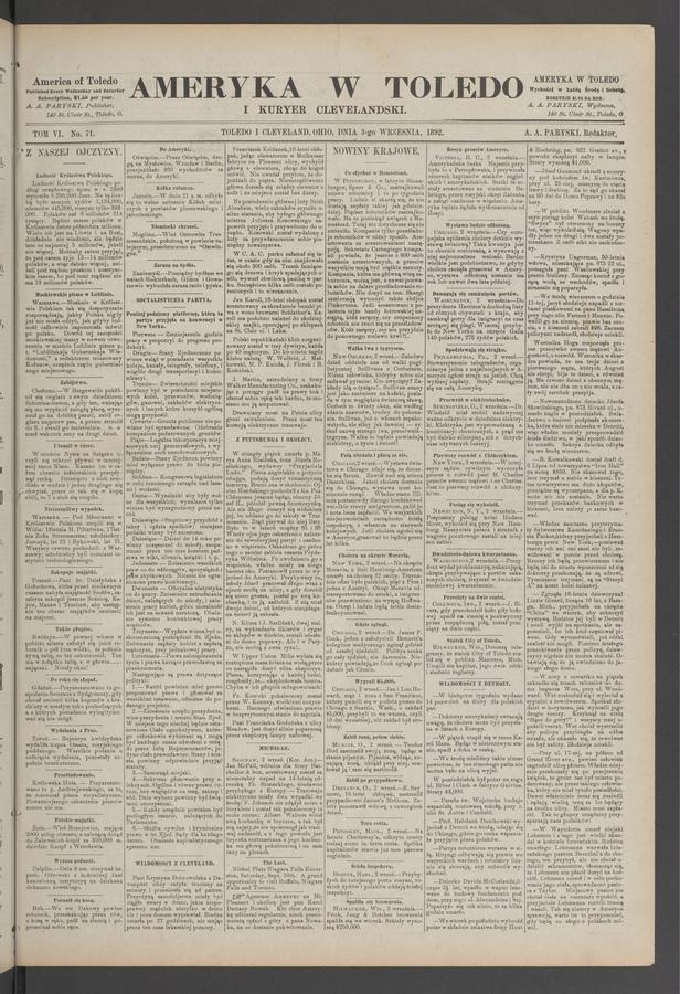 Ameryka w&nbsp;Toledo i&nbsp;Kuryer Clevelandski. Tom&nbsp;6, 1892, numer&nbsp;71