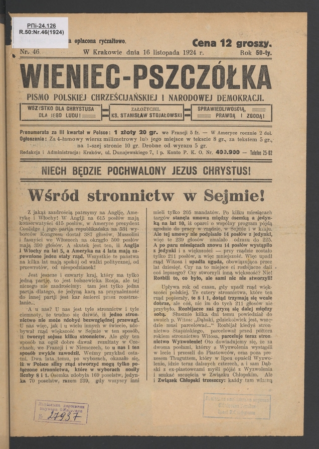 Wieniec-Pszcz&oacute;łka&nbsp;: pismo polskiej chrześcijańskiej i&nbsp;narodowej demokracji. Rok&nbsp;50, 1924, numer&nbsp;46