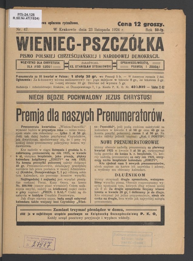 Wieniec-Pszcz&oacute;łka&nbsp;: pismo polskiej chrześcijańskiej i&nbsp;narodowej demokracji. Rok&nbsp;50, 1924, numer&nbsp;47