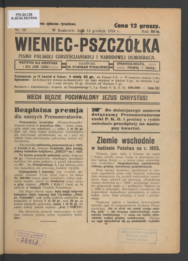 Wieniec-Pszcz&oacute;łka&nbsp;: pismo polskiej chrześcijańskiej i&nbsp;narodowej demokracji. Rok&nbsp;50, 1924, numer&nbsp;50