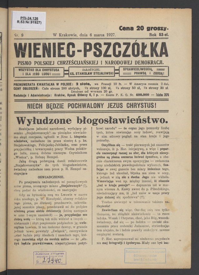 Wieniec-Pszcz&oacute;łka&nbsp;: pismo polskiej chrześcijańskiej i&nbsp;narodowej demokracji. Rok&nbsp;53, 1927, numer&nbsp;9