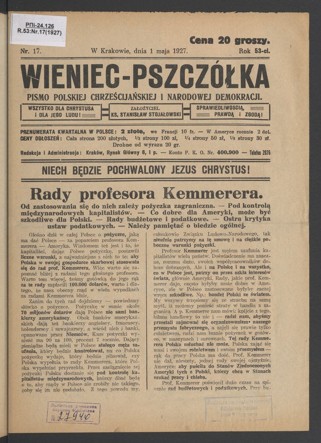 Wieniec-Pszcz&oacute;łka&nbsp;: pismo polskiej chrześcijańskiej i&nbsp;narodowej demokracji. Rok&nbsp;53, 1927, numer&nbsp;17