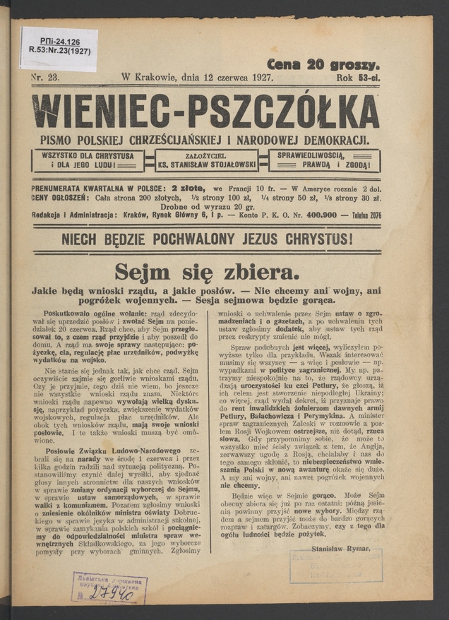 Wieniec-Pszcz&oacute;łka&nbsp;: pismo polskiej chrześcijańskiej i&nbsp;narodowej demokracji. Rok&nbsp;53, 1927, numer&nbsp;23