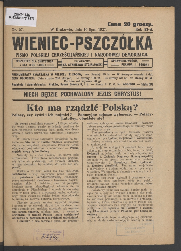 Wieniec-Pszcz&oacute;łka&nbsp;: pismo polskiej chrześcijańskiej i&nbsp;narodowej demokracji. Rok&nbsp;53, 1927, numer&nbsp;27