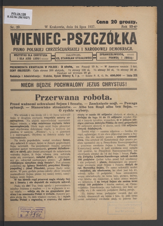 Wieniec-Pszcz&oacute;łka&nbsp;: pismo polskiej chrześcijańskiej i&nbsp;narodowej demokracji. Rok&nbsp;53, 1927, numer&nbsp;29