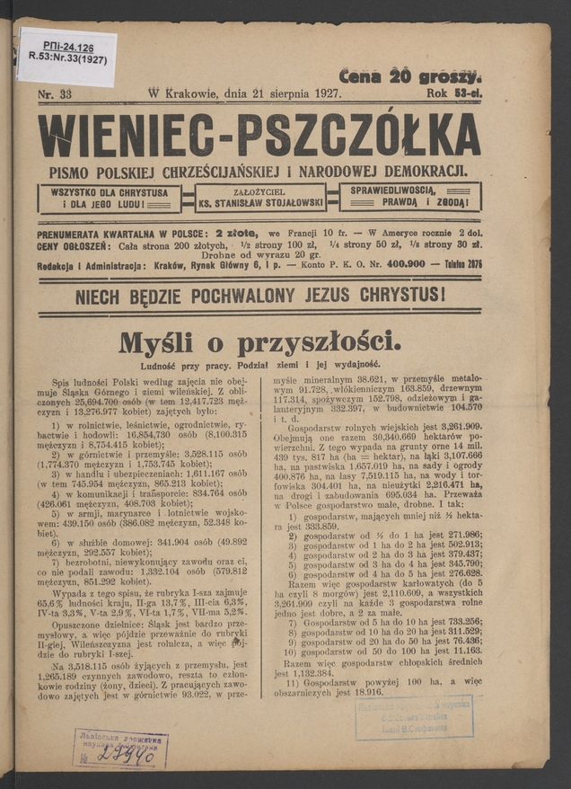 Wieniec-Pszcz&oacute;łka&nbsp;: pismo polskiej chrześcijańskiej i&nbsp;narodowej demokracji. Rok&nbsp;53, 1927, numer&nbsp;33