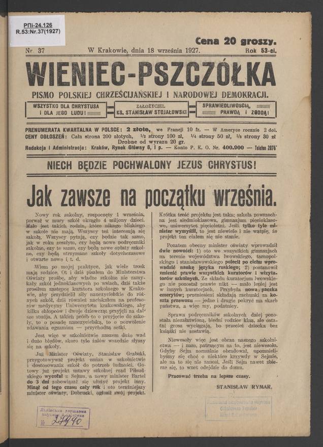 Wieniec-Pszcz&oacute;łka&nbsp;: pismo polskiej chrześcijańskiej i&nbsp;narodowej demokracji. Rok&nbsp;53, 1927, numer&nbsp;37