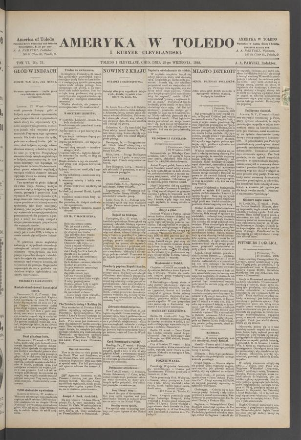 Ameryka w&nbsp;Toledo i&nbsp;Kuryer Clevelandski. Tom&nbsp;6, 1892, numer&nbsp;78