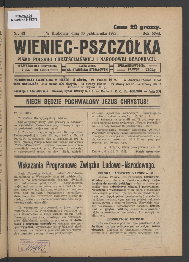 Wieniec-Pszczółka : pismo polskiej chrześcijańskiej i narodowej demokracji. Rok 53, 1927, numer 43