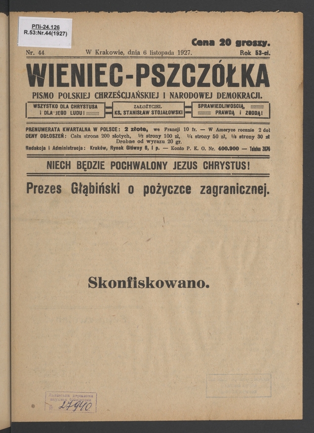 Wieniec-Pszcz&oacute;łka&nbsp;: pismo polskiej chrześcijańskiej i&nbsp;narodowej demokracji. Rok&nbsp;53, 1927, numer&nbsp;44
