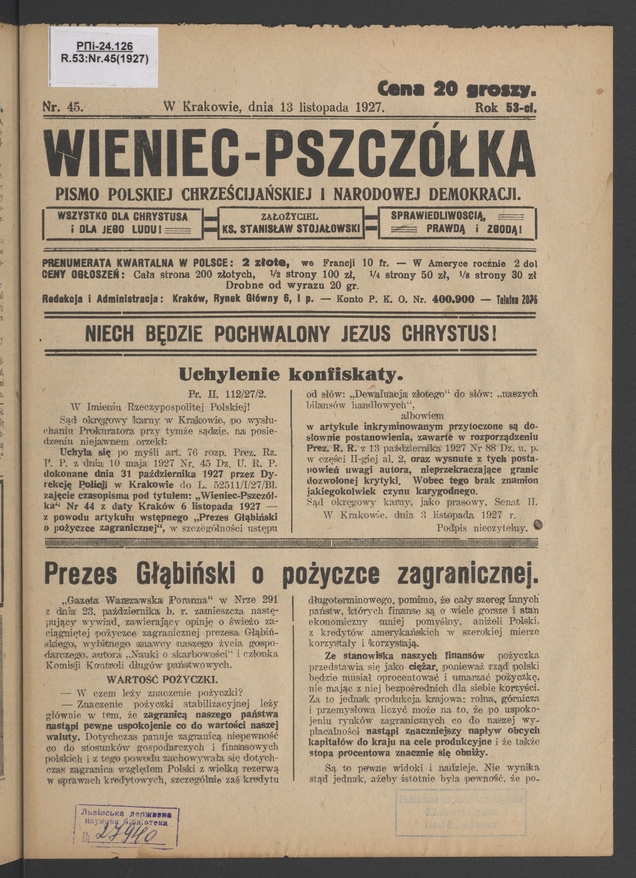 Wieniec-Pszcz&oacute;łka&nbsp;: pismo polskiej chrześcijańskiej i&nbsp;narodowej demokracji. Rok&nbsp;53, 1927, numer&nbsp;45
