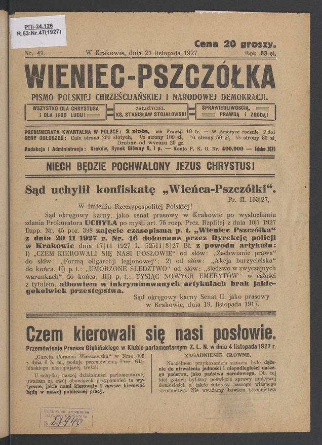 Wieniec-Pszcz&oacute;łka&nbsp;: pismo polskiej chrześcijańskiej i&nbsp;narodowej demokracji. Rok&nbsp;53, 1927, numer&nbsp;47