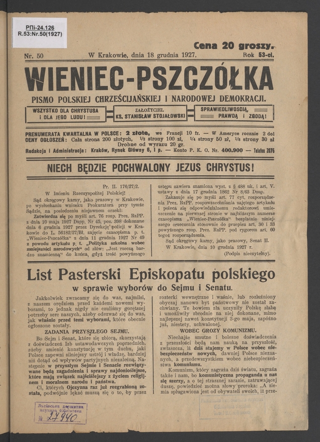 Wieniec-Pszcz&oacute;łka&nbsp;: pismo polskiej chrześcijańskiej i&nbsp;narodowej demokracji. Rok&nbsp;53, 1927, numer&nbsp;50
