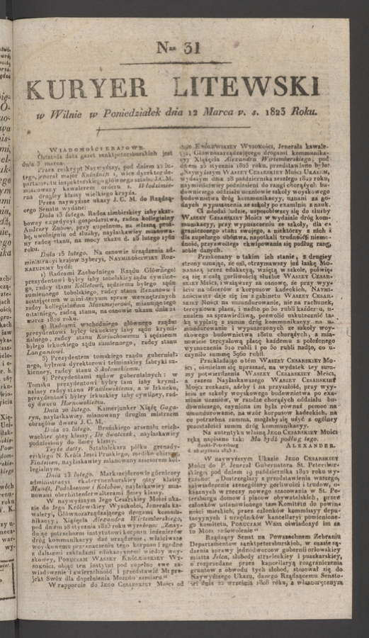 Kuryer Litewski. 1823, numer&nbsp;31