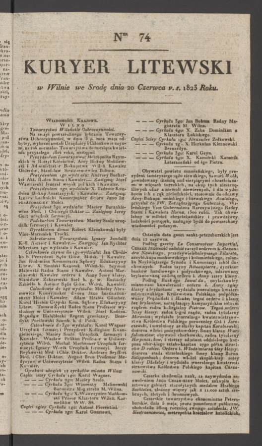 Kuryer Litewski. 1823, numer&nbsp;74