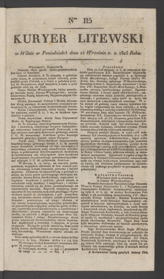 Kuryer Litewski. 1823, numer&nbsp;115