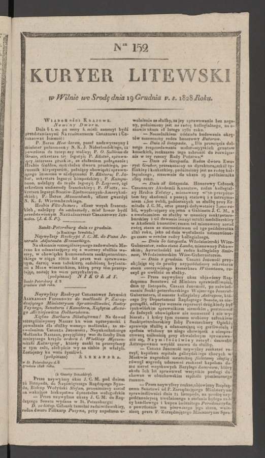Kuryer Litewski. 1828, numer&nbsp;152