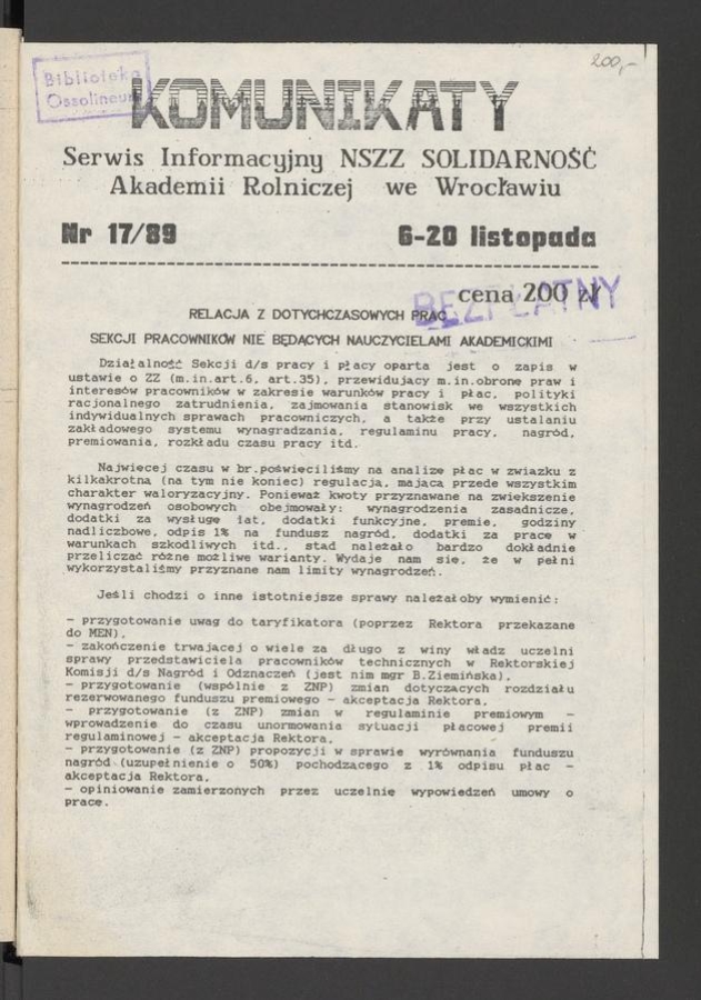 Komunikaty : serwis informacyjny NSZZ „Solidarność” Akademii Rolniczej we Wrocławiu. 1989, numer 17