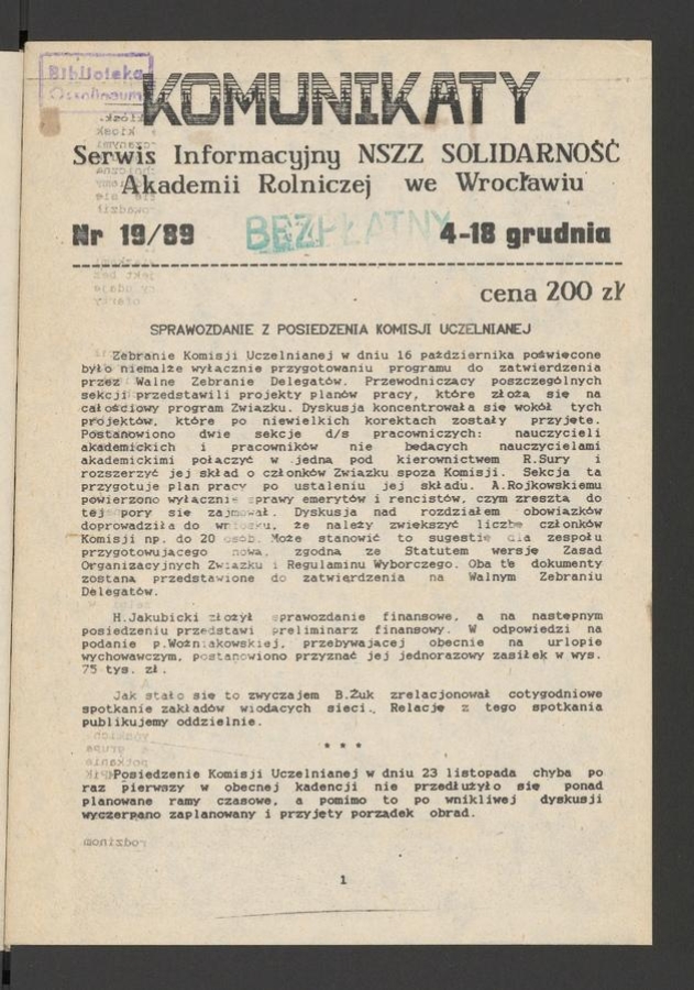Komunikaty&nbsp;: serwis informacyjny NSZZ &bdquo;Solidarność&rdquo; Akademii Rolniczej we&nbsp;Wrocławiu. 1989, numer&nbsp;19