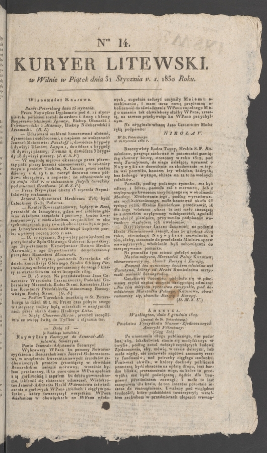 Kuryer Litewski. 1830, numer&nbsp;14