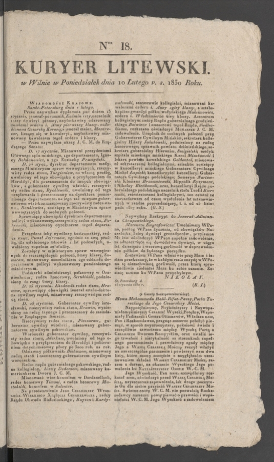 Kuryer Litewski. 1830, numer&nbsp;18