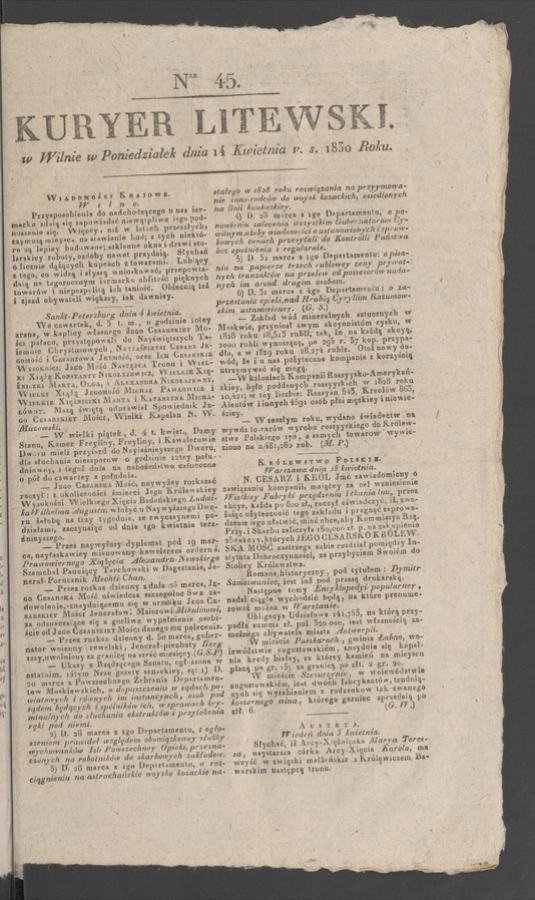 Kuryer Litewski. 1830, numer&nbsp;45