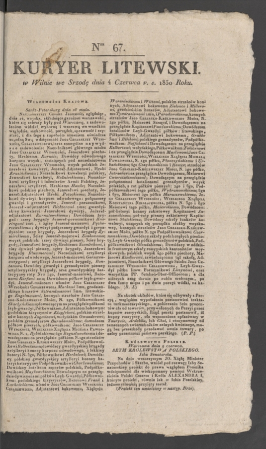 Kuryer Litewski. 1830, numer&nbsp;67
