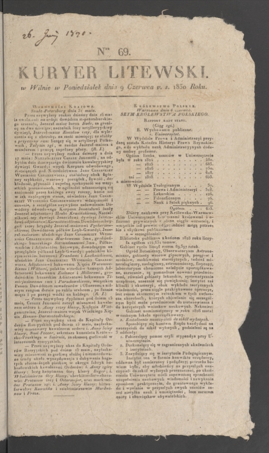 Kuryer Litewski. 1830, numer&nbsp;69