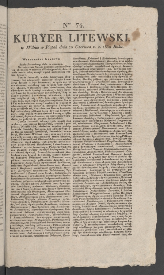 Kuryer Litewski. 1830, numer&nbsp;74