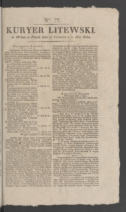 Kuryer Litewski. 1830, numer&nbsp;77