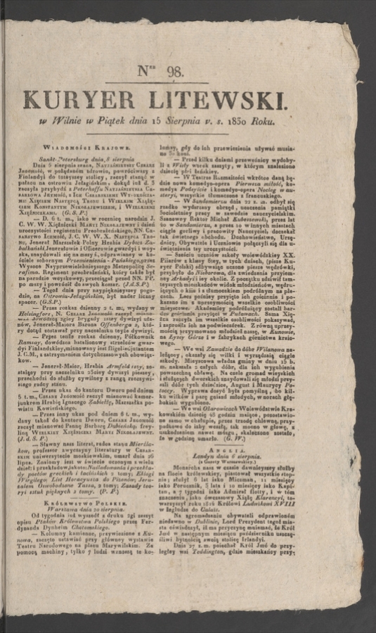 Kuryer Litewski. 1830, numer&nbsp;98