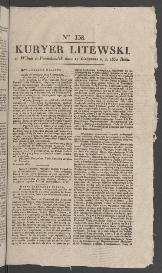 Kuryer Litewski. 1830, numer&nbsp;138