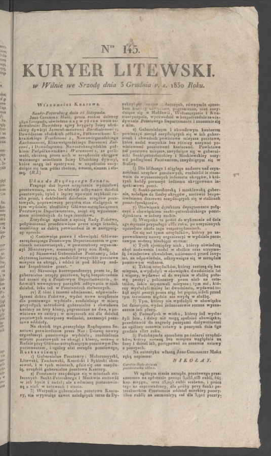 Kuryer Litewski. 1830, numer&nbsp;145