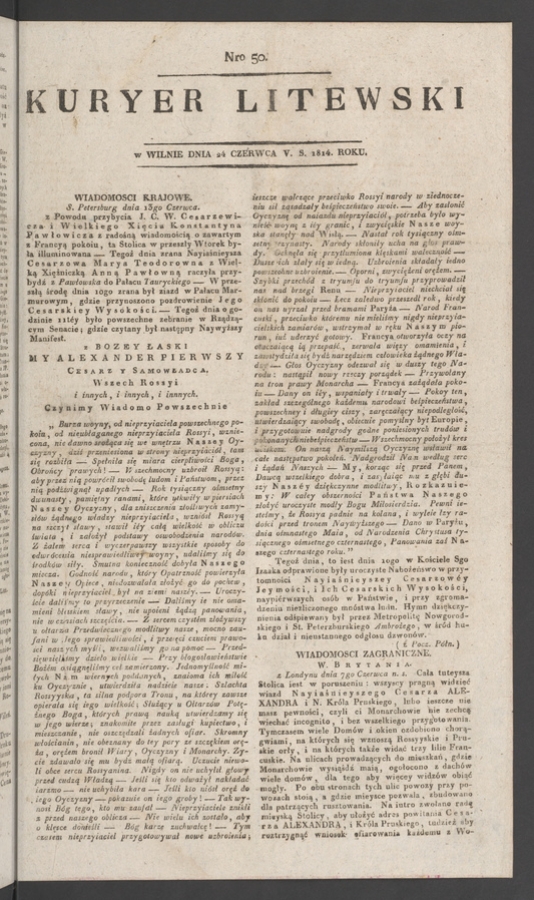 Kuryer Litewski. 1814, numero&nbsp;50