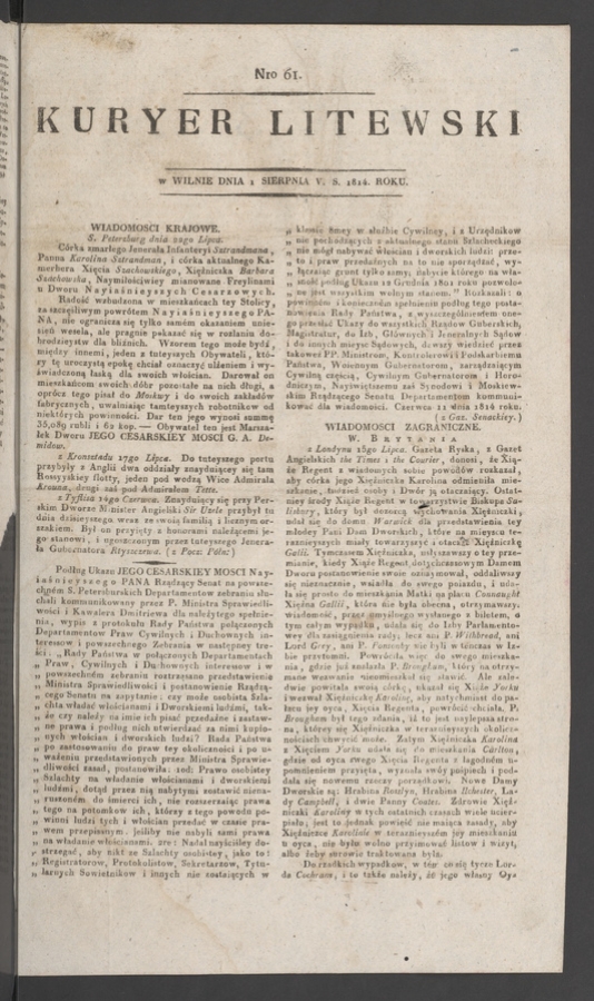 Kuryer Litewski. 1814, numero&nbsp;61