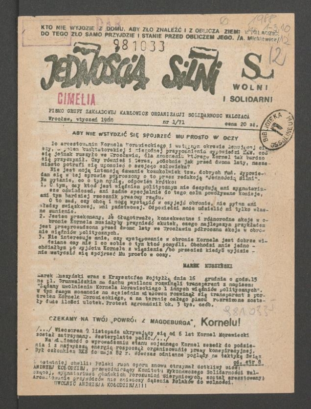 Jednością Silni&nbsp;: pismo Grupy Zakładowej Karłowice Organizacji Solidarność Walcząca. 1988, numer&nbsp;1&nbsp;(71)