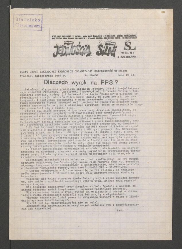 Jednością Silni&nbsp;: pismo Grupy Zakładowej Karłowice Organizacji Solidarność Walcząca. 1988, numer&nbsp;10&nbsp;(80)