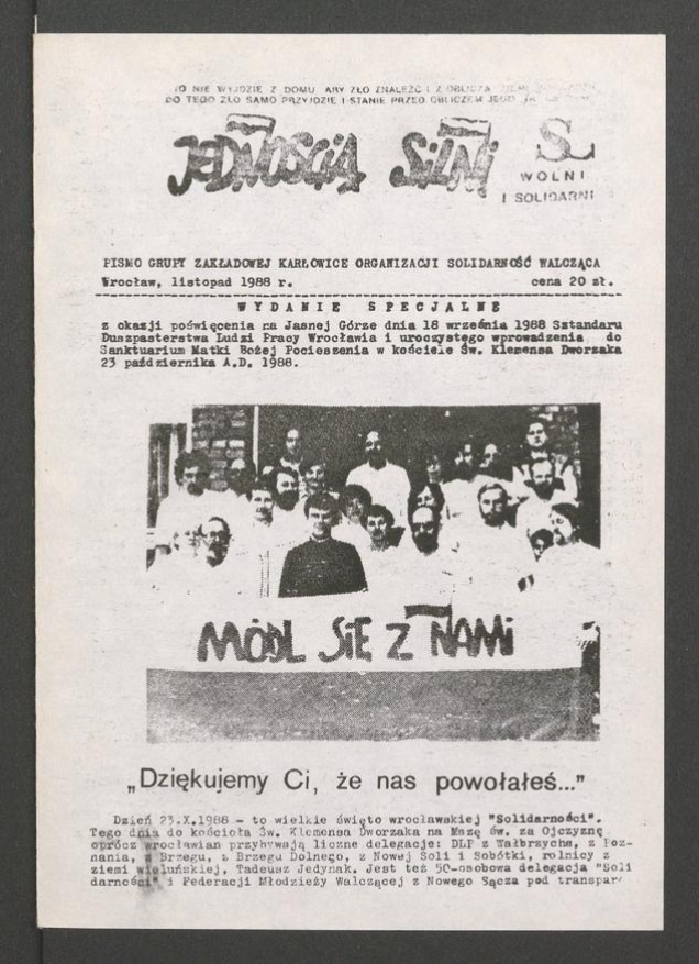 Jednością Silni&nbsp;: pismo Grupy Zakładowej Karłowice Organizacji Solidarność Walcząca. 1988, wydanie specjalne