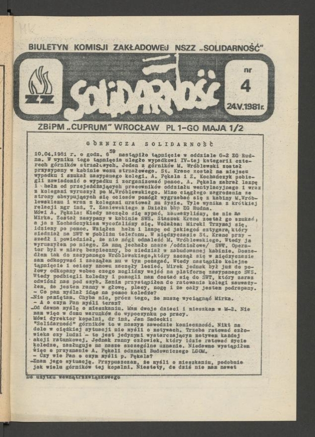 Biuletyn Komisji Zakładowej NSZZ &bdquo;Solidarność&rdquo; ZBiPM &bdquo;Cuprum&rdquo; Wrocław. 1981, numer&nbsp;4
