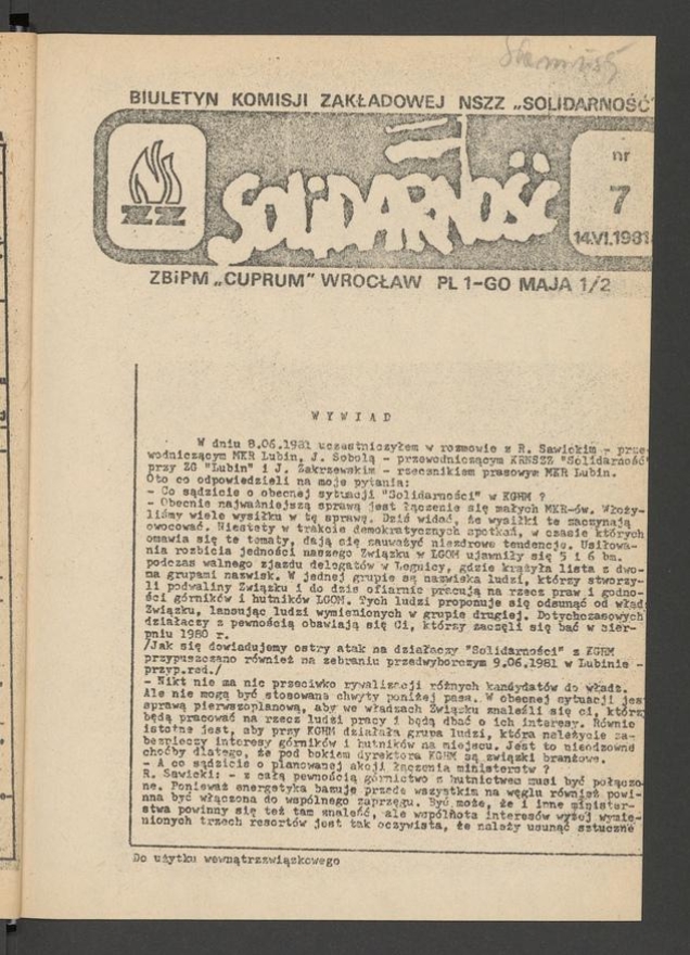 Biuletyn Komisji Zakładowej NSZZ &bdquo;Solidarność&rdquo; ZBiPM &bdquo;Cuprum&rdquo; Wrocław. 1981, numer&nbsp;7