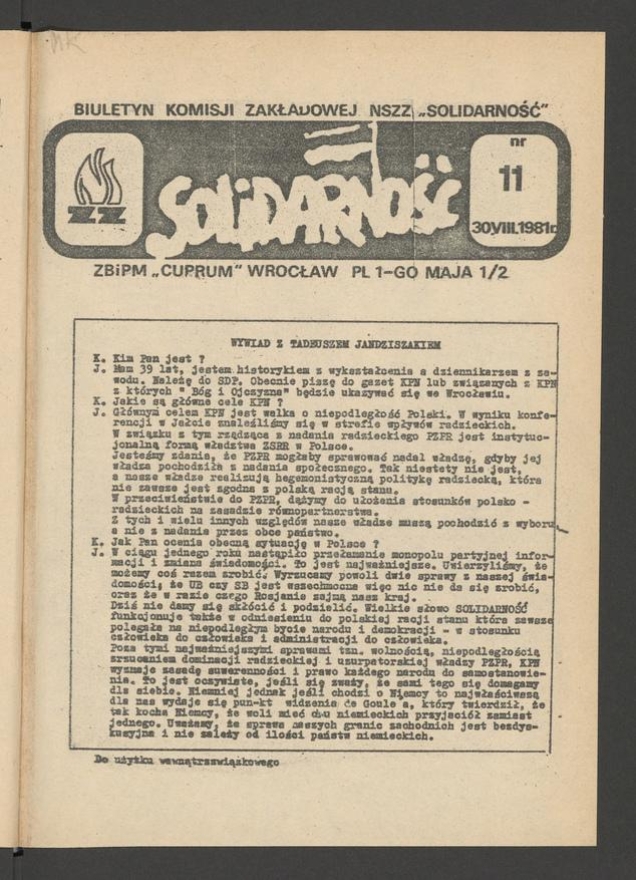 Biuletyn Komisji Zakładowej NSZZ &bdquo;Solidarność&rdquo; ZBiPM &bdquo;Cuprum&rdquo; Wrocław. 1981, numer&nbsp;11