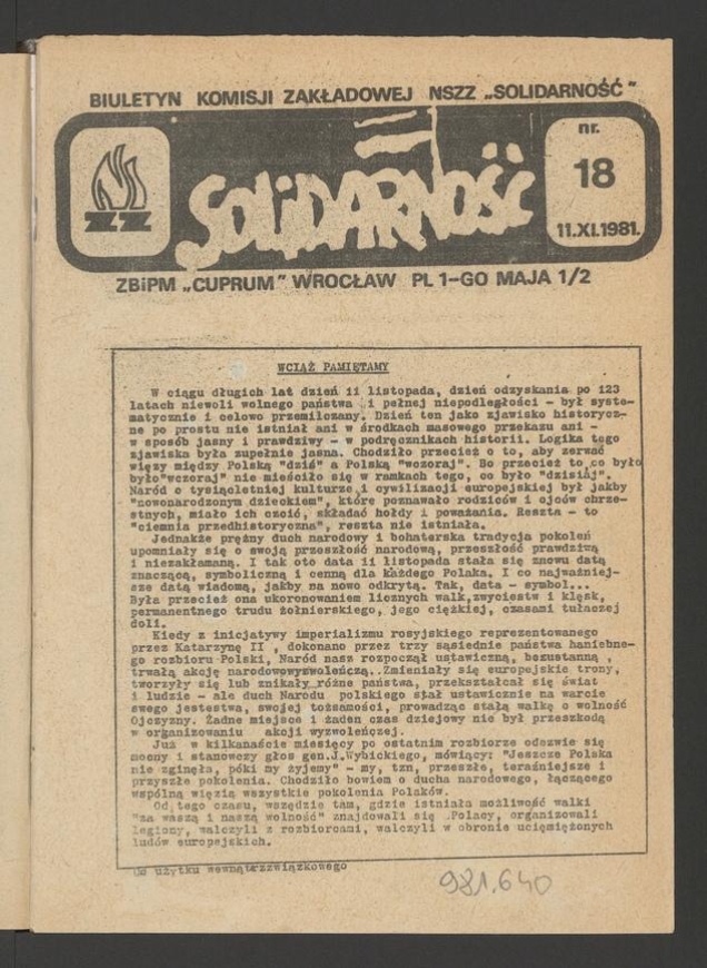 Biuletyn Komisji Zakładowej NSZZ &bdquo;Solidarność&rdquo; ZBiPM &bdquo;Cuprum&rdquo; Wrocław. 1981, numer&nbsp;18