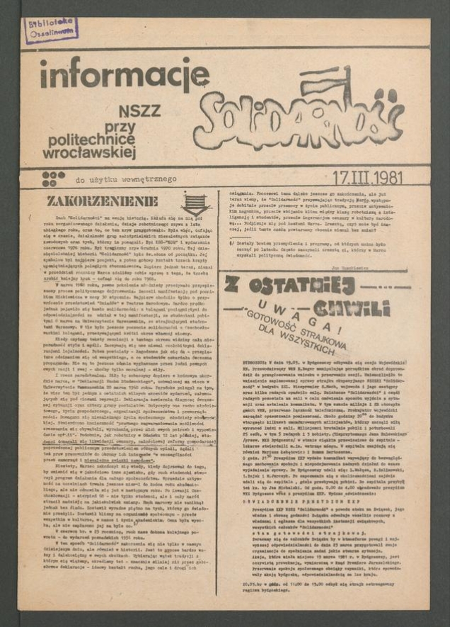 Informacje NSZZ &bdquo;Solidarność&rdquo; przy&nbsp;Politechnice Wrocławskiej, 1981.03.17
